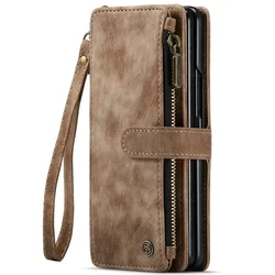 Vintage Leather Wallet Case with Card Slots & S - Pen Holder - Galaxy Z Fold4 (Brown)