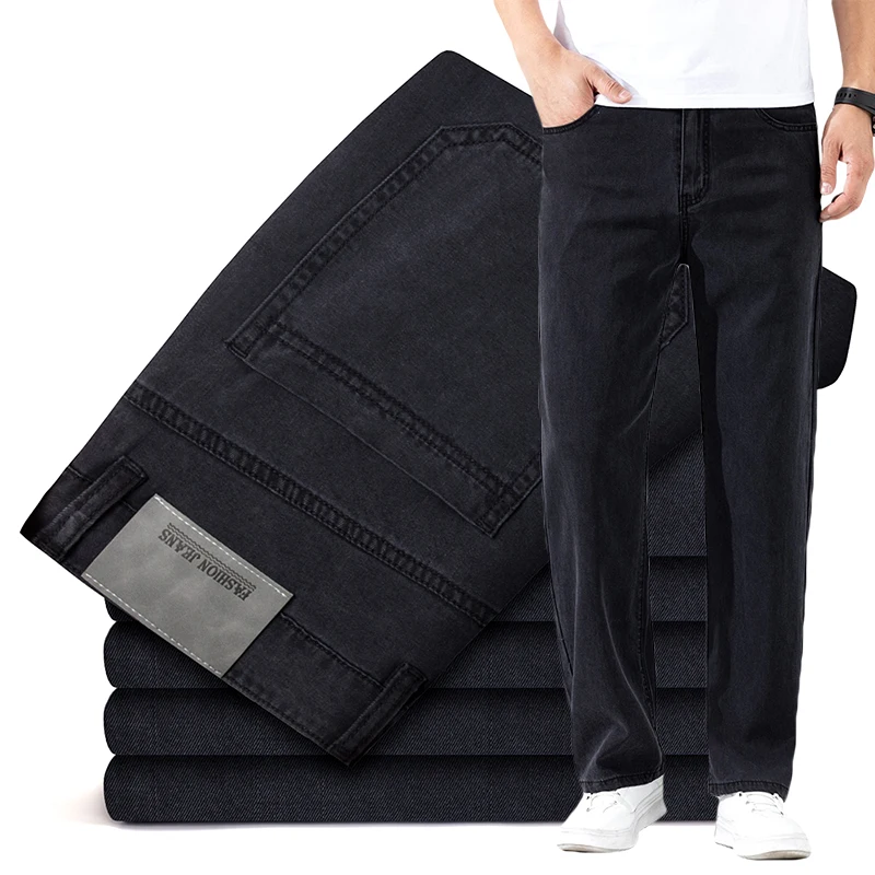 Classic Black Straight Lyocell Jeans for Men Summer Thin Soft Comfortable Elastic Loose Ice Silk Denim Pants Brand Clothes