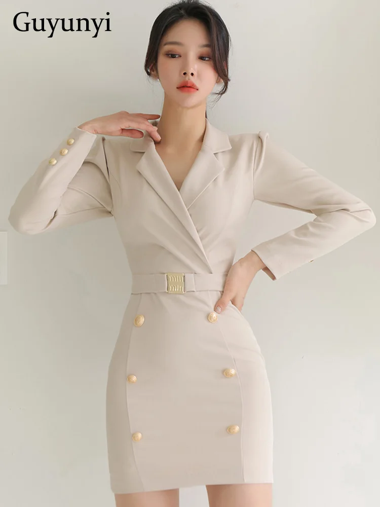 

Career Office Lady Pencil Dress Spring Slim Fit Suit Collar Small Puff Full Sleeve Decorative Button Elegant Party Mini Dress