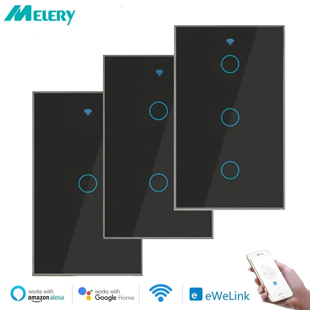 Melery-ewelink Inteligente Interruptor Luz Parede Wi-fi Bluetooth Sensor de Toque Painel de Vidro Controle Remoto Voz Alexa Dot Google Home App