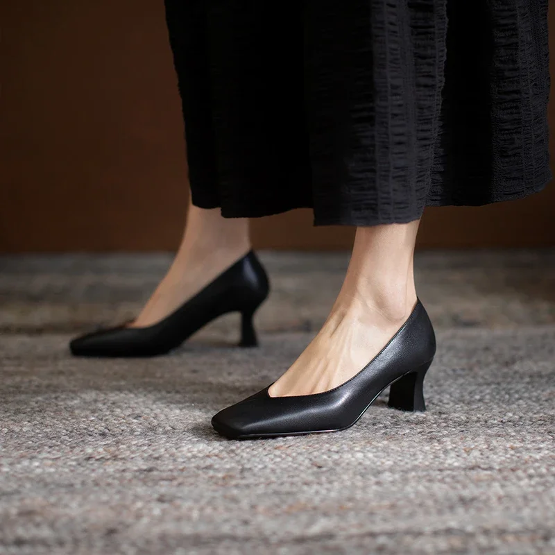 

2024 new spring Women's pumps 22-25cm length natural leather pumps Square toe Minimalist solid color Women heels shoes