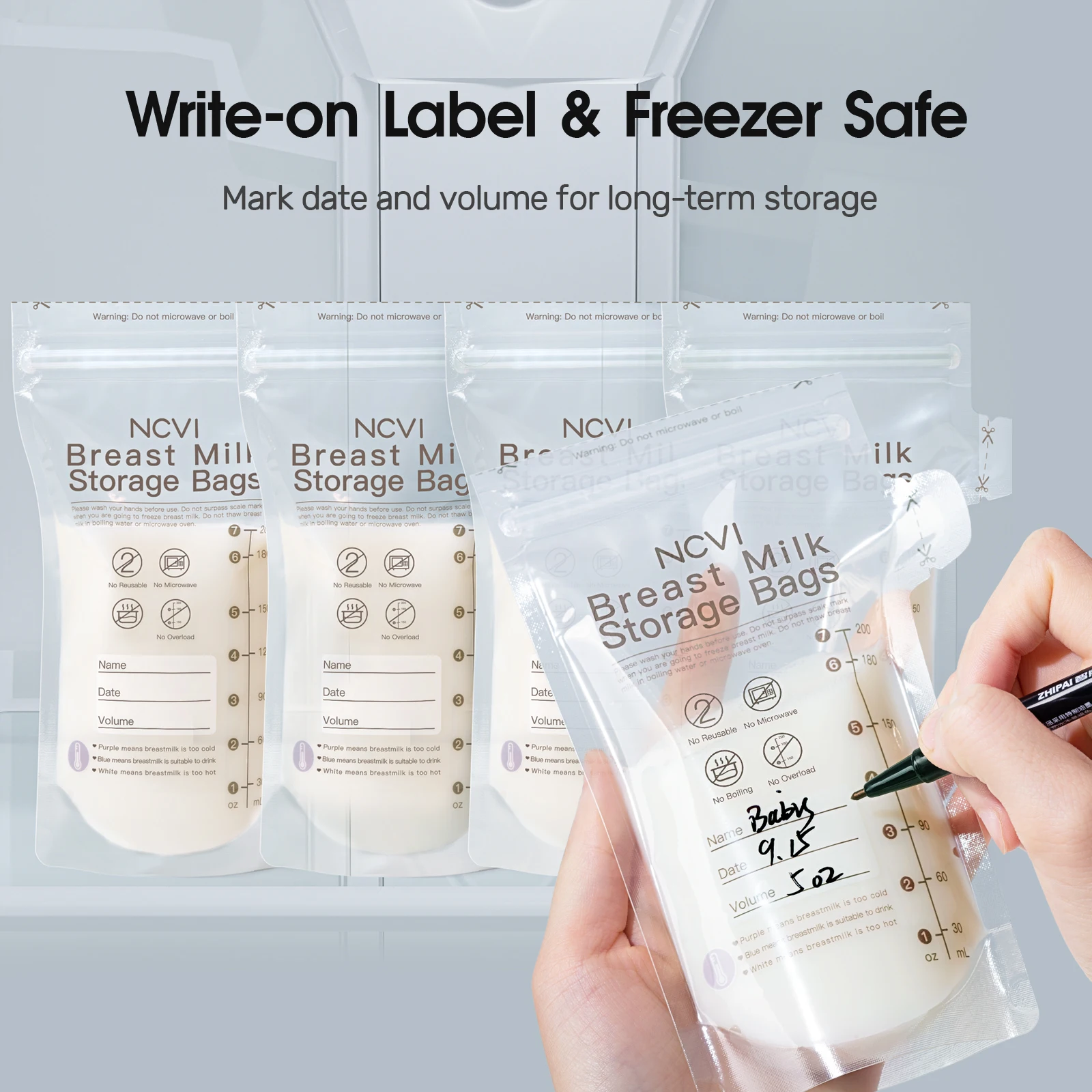 NCVI Breastmilk Storage Bags, 6 Oz Milk Freezer Bags for Long Term Breastfeeding Storage, Temperature Sensing, BPA Free 6