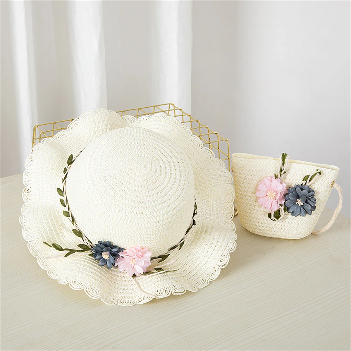 Kids Sun Hat Girls Summer Straw Bag Cap Set Baby Travel Sun Protection Beach Hats Fisherman Hat Shoulder Bag HandBags