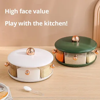 원형 멀티그리드 조미료 박스 항아리, 회전식 방습 주방 맛 정제 소금 조미료 보관 조미료 디펜서, 1pc 상품 이미지