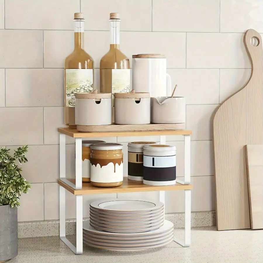 Wooden Kitchen Cabinet Organizer, Countertop Tiered Shelf, Expandable Storage Rack For Spices, Utensils And Office Supplies, Mul