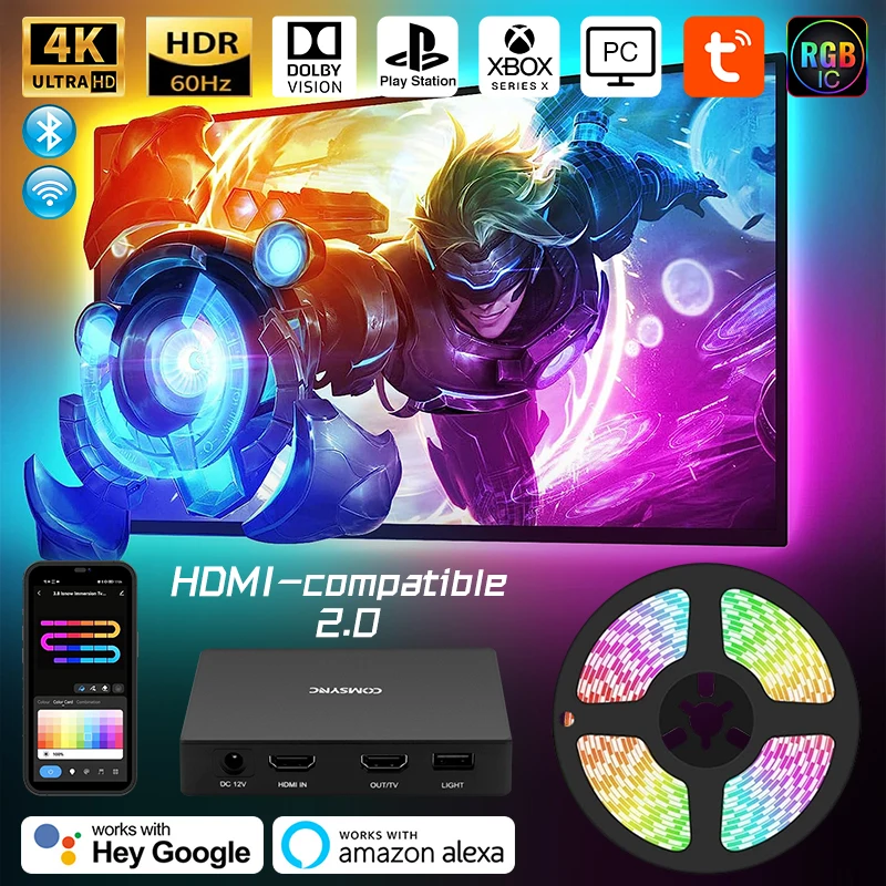 

90LED Smart TV Backlight App Control Screen Color Sync Strip Light 4K 2.0 HDMI-compatible RGB TV AmbientLight Alexa/Google/TVBox