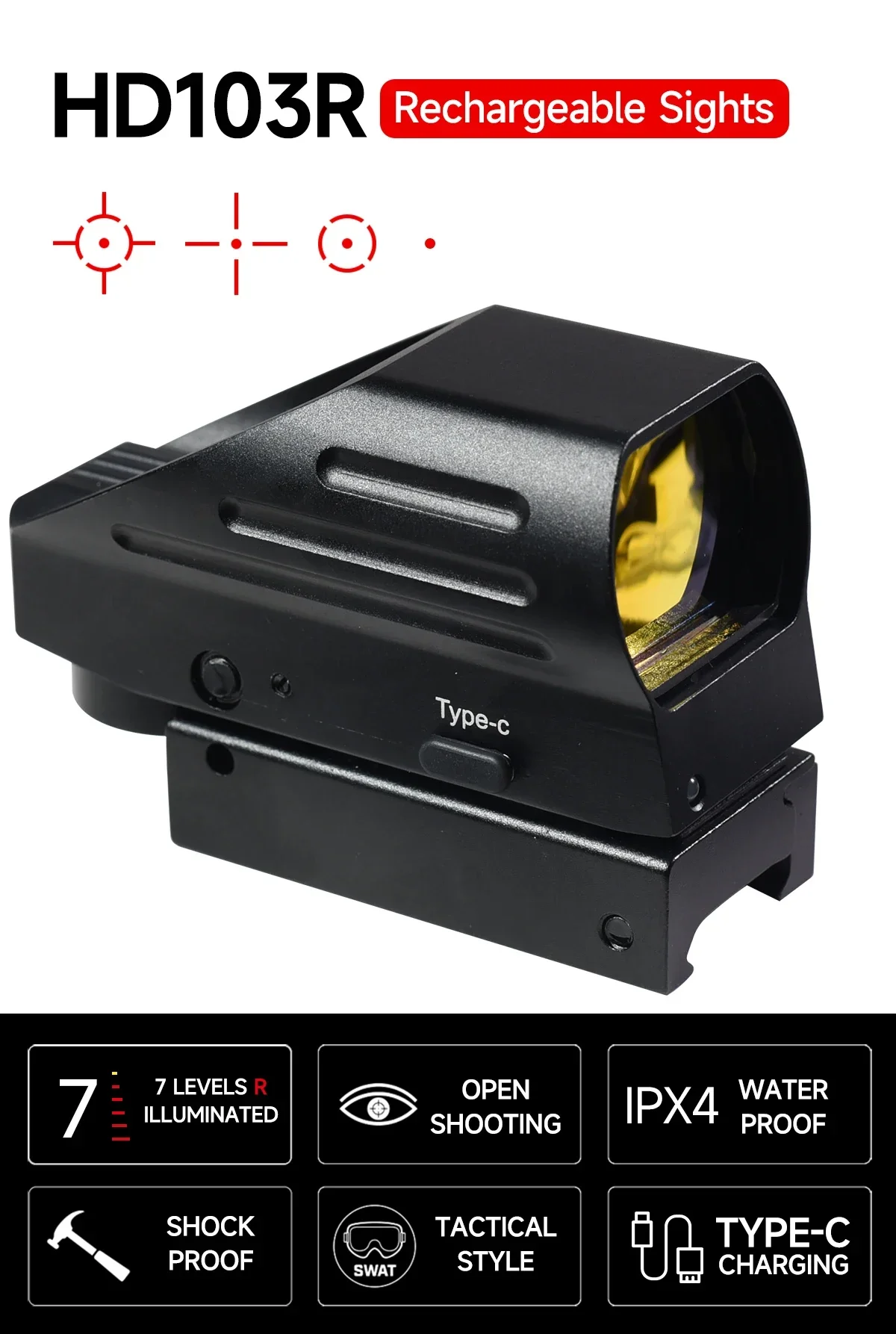Description Picture 4 of itemHD103R Red Dot Sight WithType-C USB Rechargeable Sight 4 Reticle Optics Red Dot Scopes Airsoft Hunting Tactical Rifle Scope