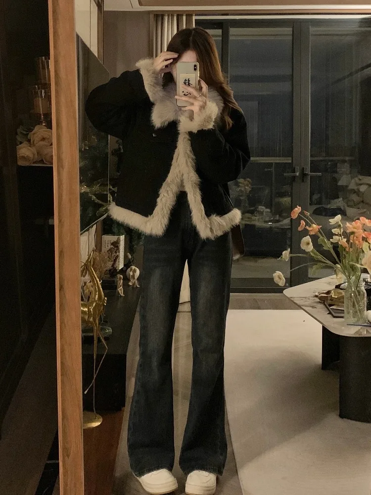 Denim Jacket Women's Black Stitching Lamb Plush Thickened Warm Short Loose Casual Fashion Autumn Winter High-Grade Cotton-Padded