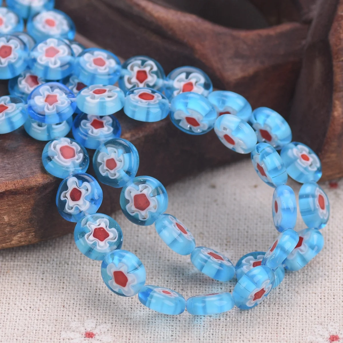 35pcs(1 Strand) Flat Round 10mm Lake Blue Flower Handmade Millefiori Glass Loose Beads Lot For Jewelry Making DIY Craft Findings