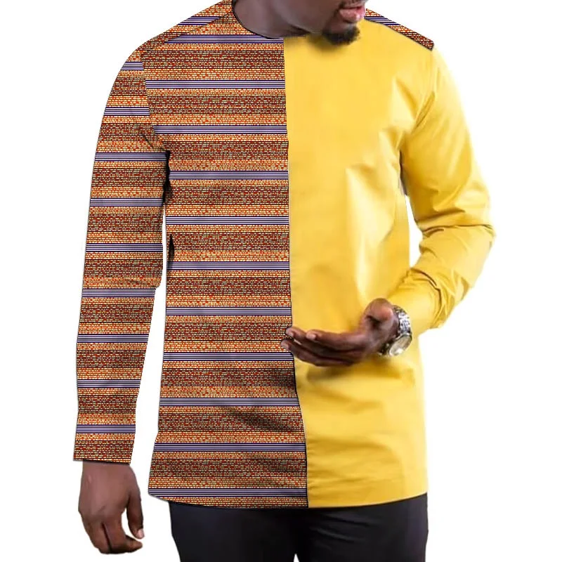 

Two Fabrics Spliced Men's African Shirt Tailored Design Cotton+Wax Patchwork Tops Long Sleeves Male Nigerian Wear