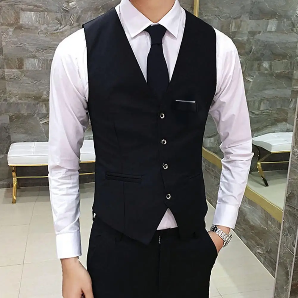 Gentle Men Formal Vest Sleeveless Pocket Single-Breasted Waistcoat Classic Black Suit Vest Men Business Wedding Tank Top dress vests