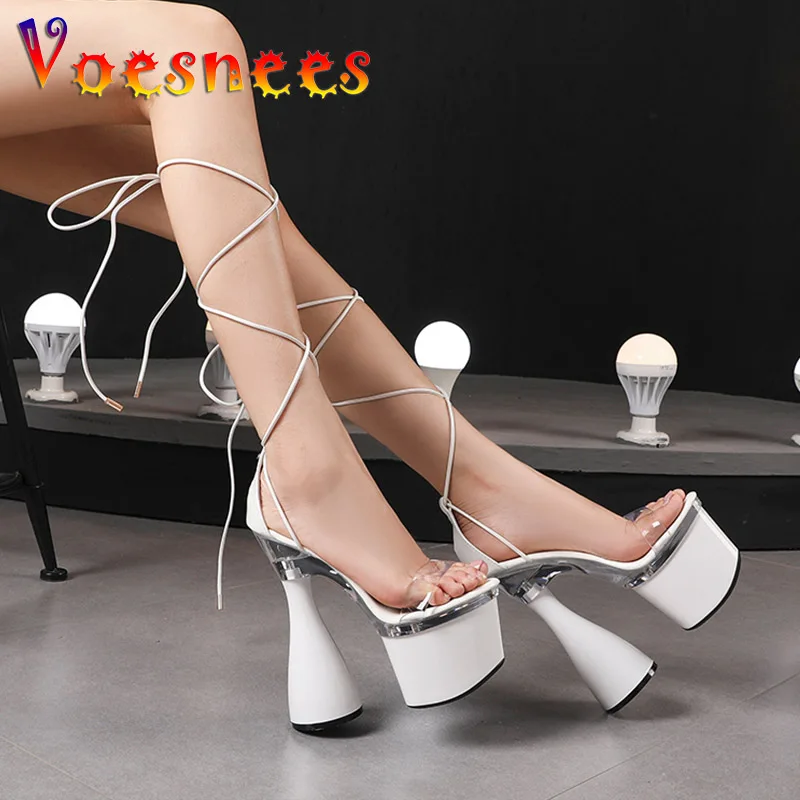 

Women Wedding Sandals Sexy Transparent One Word Band Summer 17.5CM High-Heels 2022 New Ankle Cross-Tied Nightclub Stripper Shoes