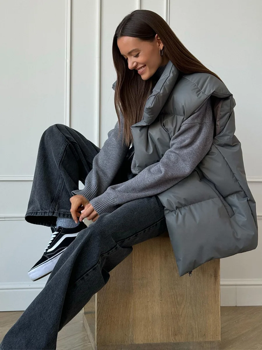 Casual Loose Sleeveless Jackets Parkas Female Winter New Streetwear Outwear For Women Lapel Tank Top Patchwork Coat