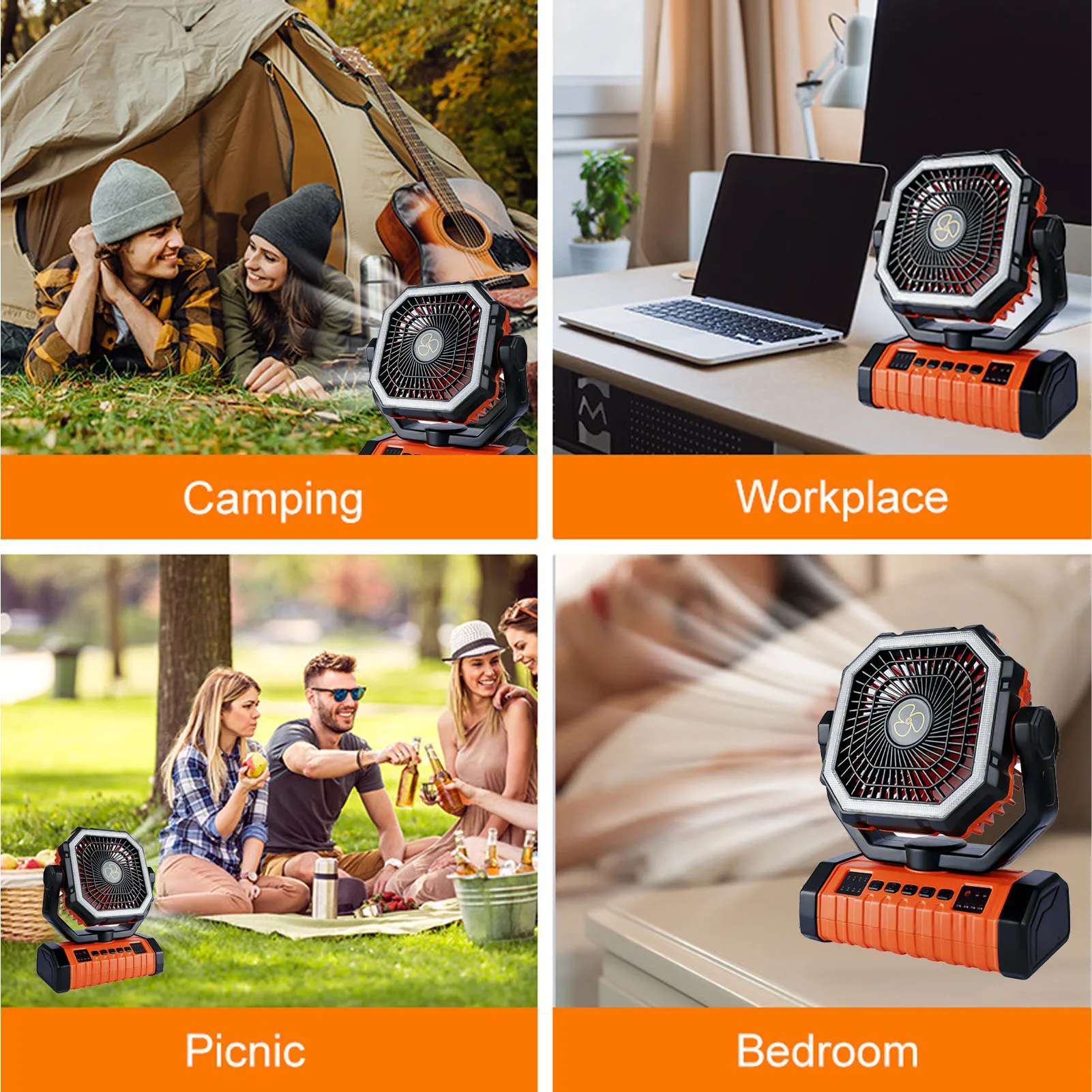 Battery Operated Powered Fan 20000mAh Rechargeable 360° Rotation Hook USB Outdoor Tent Fan with LED Light Outdoor Tent Fan