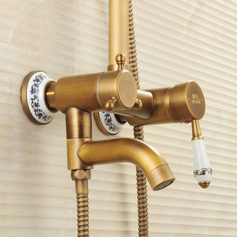 Antique Brushed Brass Faucets Wall Mounted Rain Lifting Faucets Tub Faucet Wit8 Incshower Head + Shower