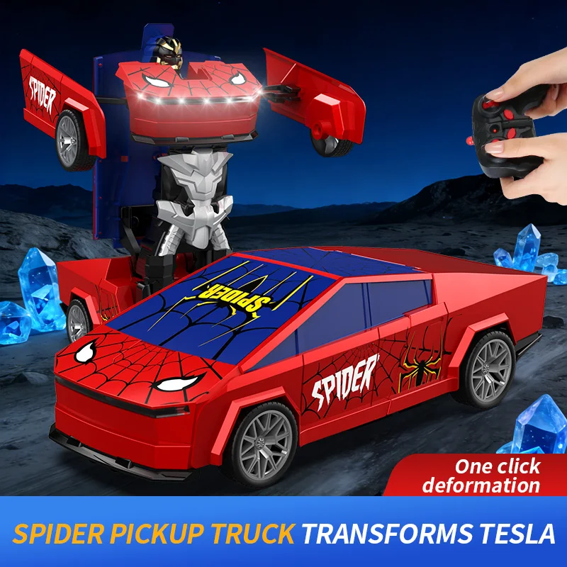 Robot RC Transformable 2-en-1 : Voiture Télécommandée Spider Cyber Pickup en mode voiture, roues éclairées, sur fond sombre.