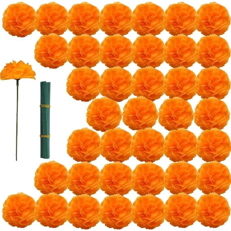 Künstliche Ringelblumen, Halloween-Dekoration, orangefarbener Ringelblumenkopf, Seide, künstliche Papierblumen, Dekor für den Tag der Toten Diwali – Detail 1