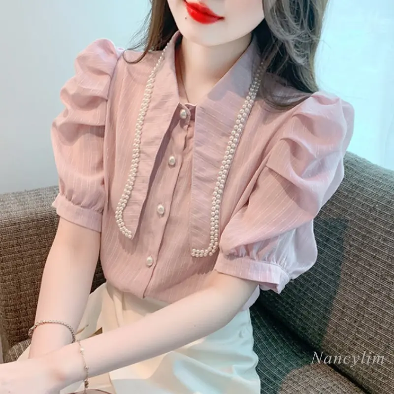 

Summer Short-Sleeved Pink Chiffon Shirt Women's Clothing 2023 New Fashion Loose Top Beaded Lapel Blouses and Tops