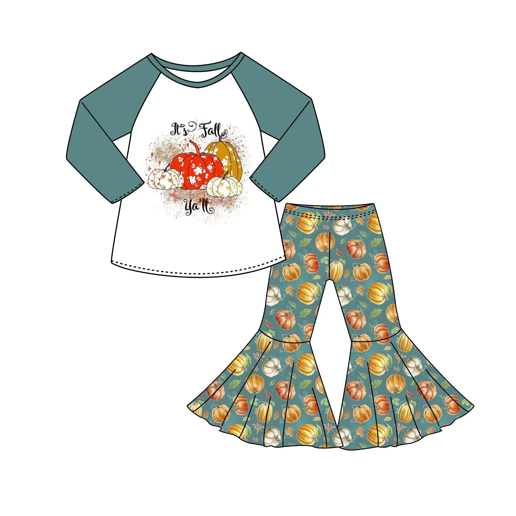 

Детский костюм на Хэллоуин, комплекты для девочек, с принтом тыквы, с длинным рукавом, с колокольчиком, детский модный костюм из двух частей