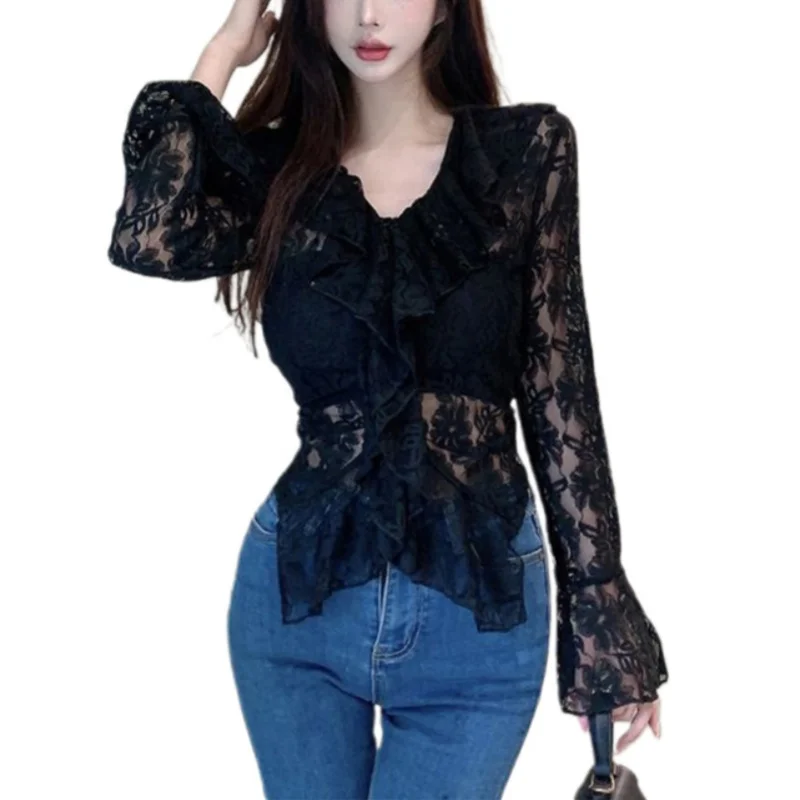 y2k Lace Blouse Women Coquette Clothes Sheer See Through Ruffle Flared Long Sleeve Shirt Top 2000s Clothing Streetwear