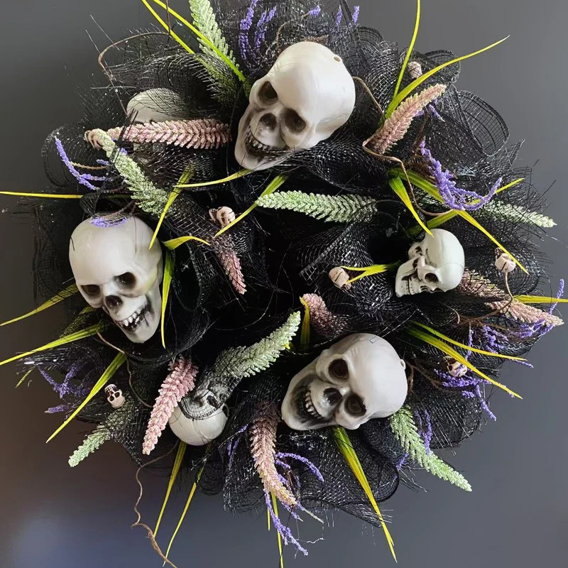 

Halloween Wreath Hanging Skull Ghost Decorations Front Halloween Party Door Hanging Window Wreathes Props Background Decoration