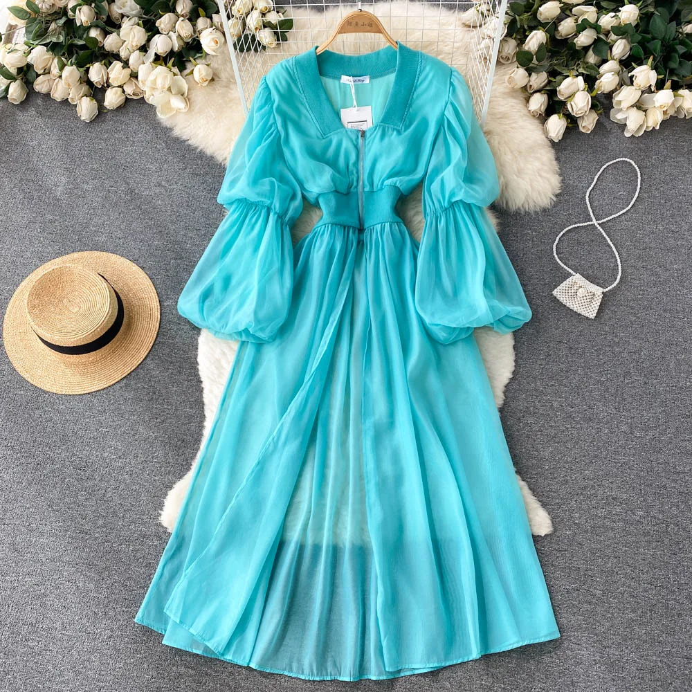 

Women's Spring Summer Long Sleeve White Green Chiffon Dress Female High Waist Chic Party Long A-line Vacation Dress TB907