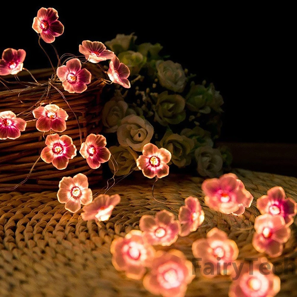 Guirnalda de flores de cerezo, lámpara con batería, luces LED de hadas, funciona con USB, flores de cristal, decoraciones para interiores, bodas y Navidad