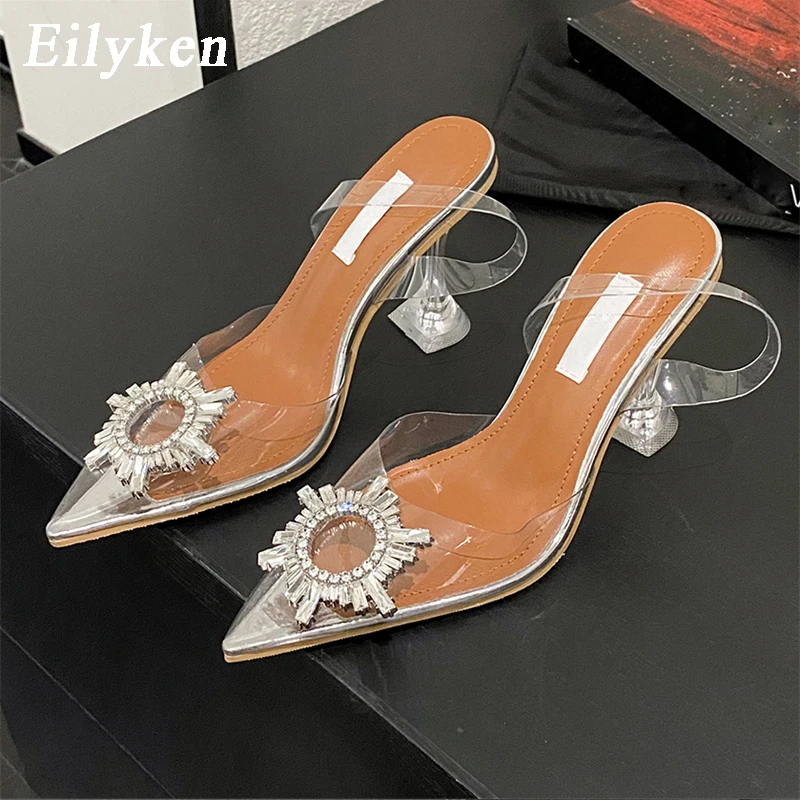 Eilyken Sun Flower Crystal Pvc Trasparente Décolleté Da Donna Sexy Slingbacks A Punta Sandali Con Tacco Trasparente Scarpe Da Ballo Di Nozze