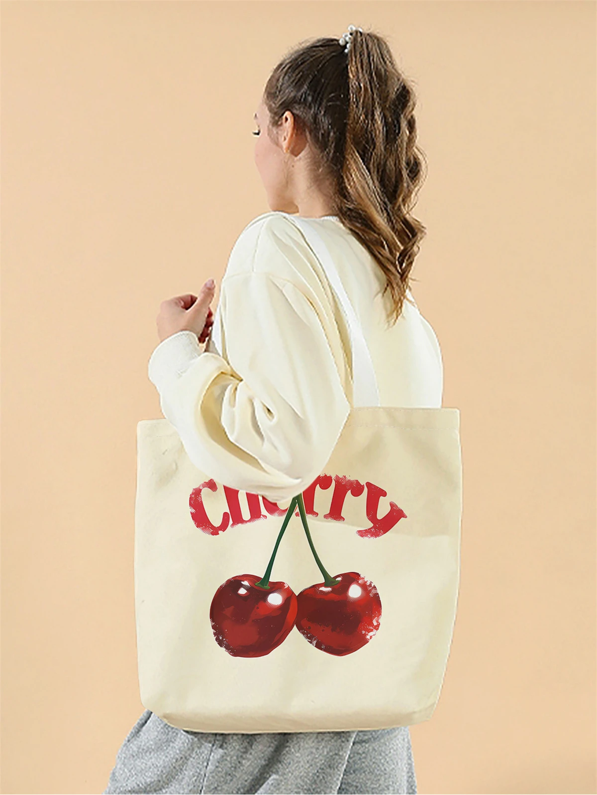 1pc,cartoon cherry handbag, reusable fashionable handbag, multifunctional handbag, printed canvas shopping bag