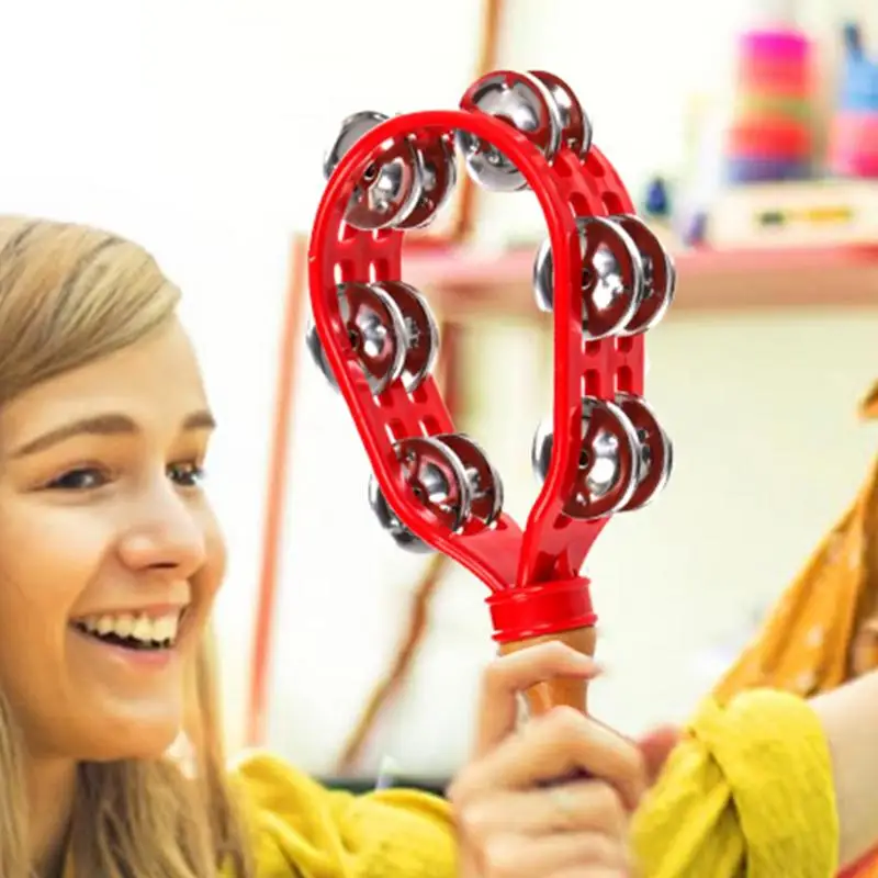 Tambourine Hand Held Drum Wooden Handle Safe Handheld Tambourine Rustproof Waterproof Percussion Instrument Eco-Friendly Design