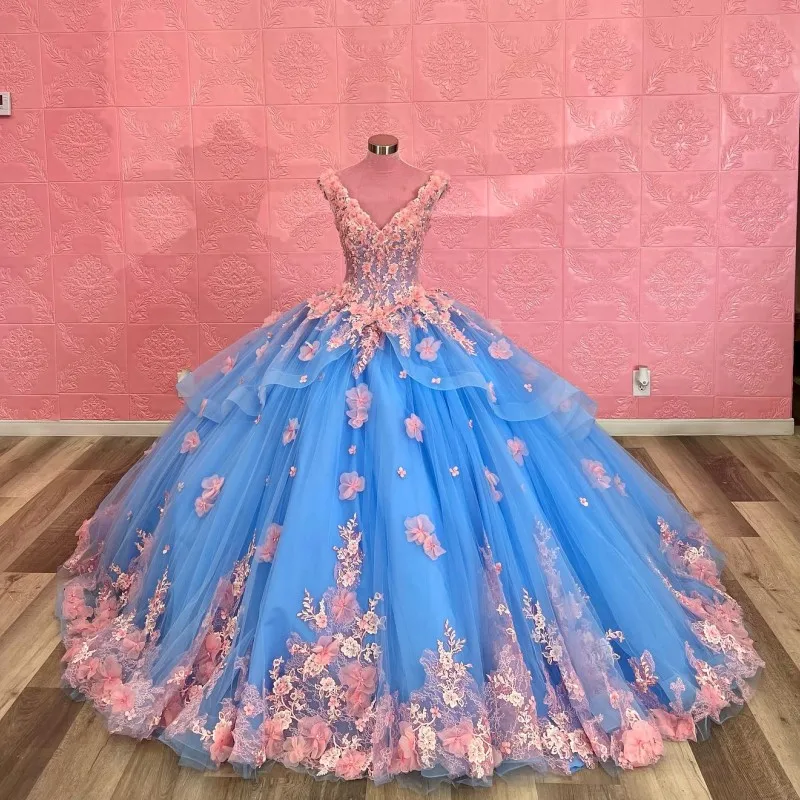 

Sky Blue Sexy V-Neck Tull Princess Prom Party Dresses Quinceanera Dress Pink 3DFlowers Ball Gown Sweet 15 16 Dress For Girls