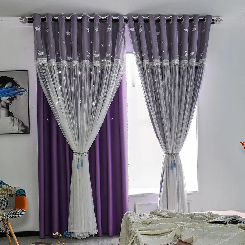 Princess Style Hollowed Out Star Double Layered Curtain Swan Embroidery Curtain for Children's Bedroom 6