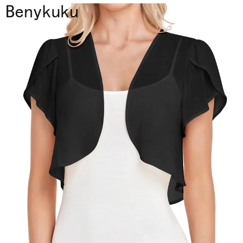 

Solid Color Chiffon Open Front Thin Cardigan Shawl Short Sleeve Women Cropped Sheer Bolero Top Shrug Fashion Cover Up Coat 2024