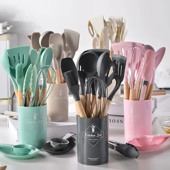 12Pcs Silicone Cooking Utensils Set Wooden Handle Kitchen Cooking Tool Non-stick Cookware Spatula Shovel Egg Kitchenware Beaters 1