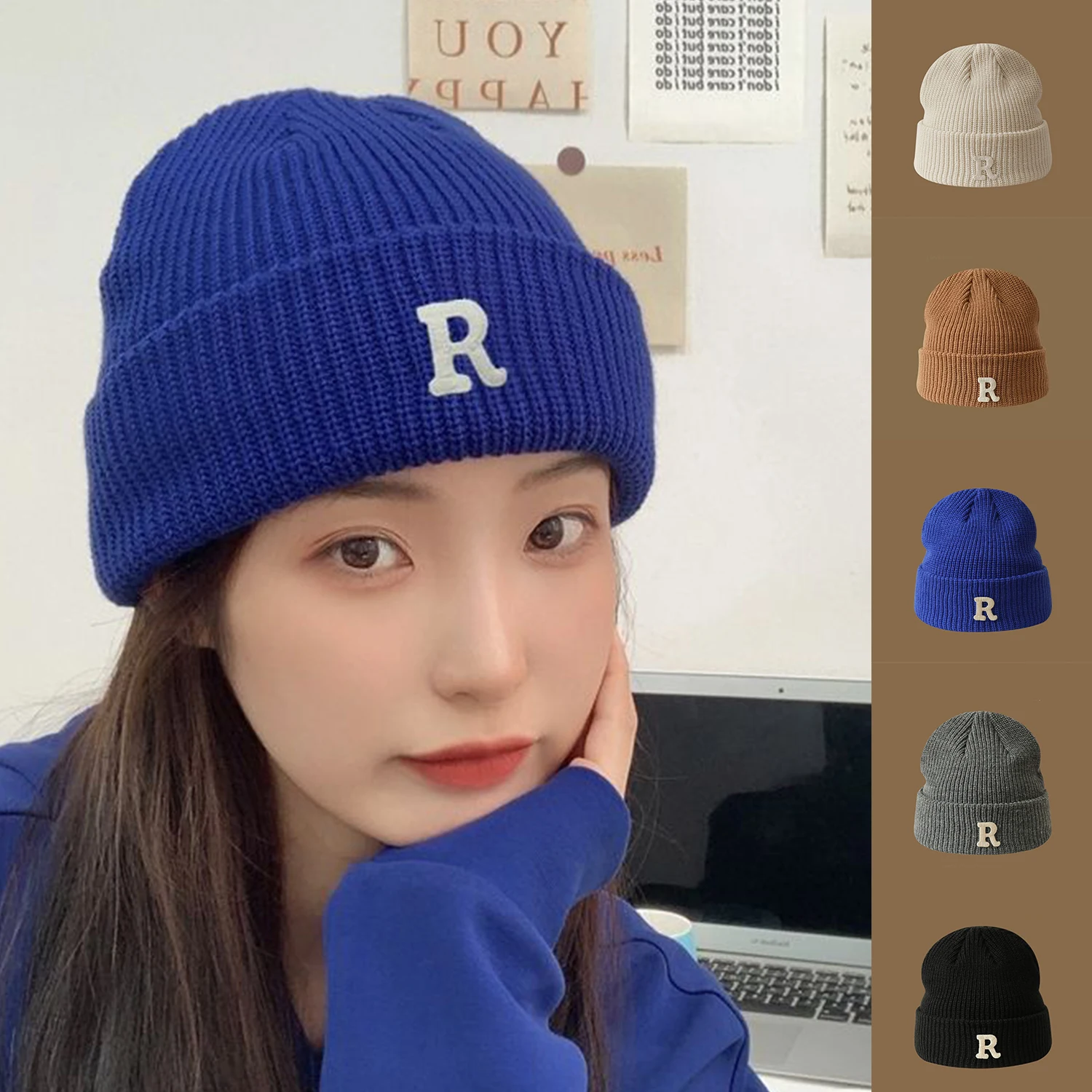 

Simple Multi Color Big R Letter Winter Hat Women Winter Unisex Beanie Cap Outdoor Thick Warm Hip Hop Sport Ski Knitted Hats