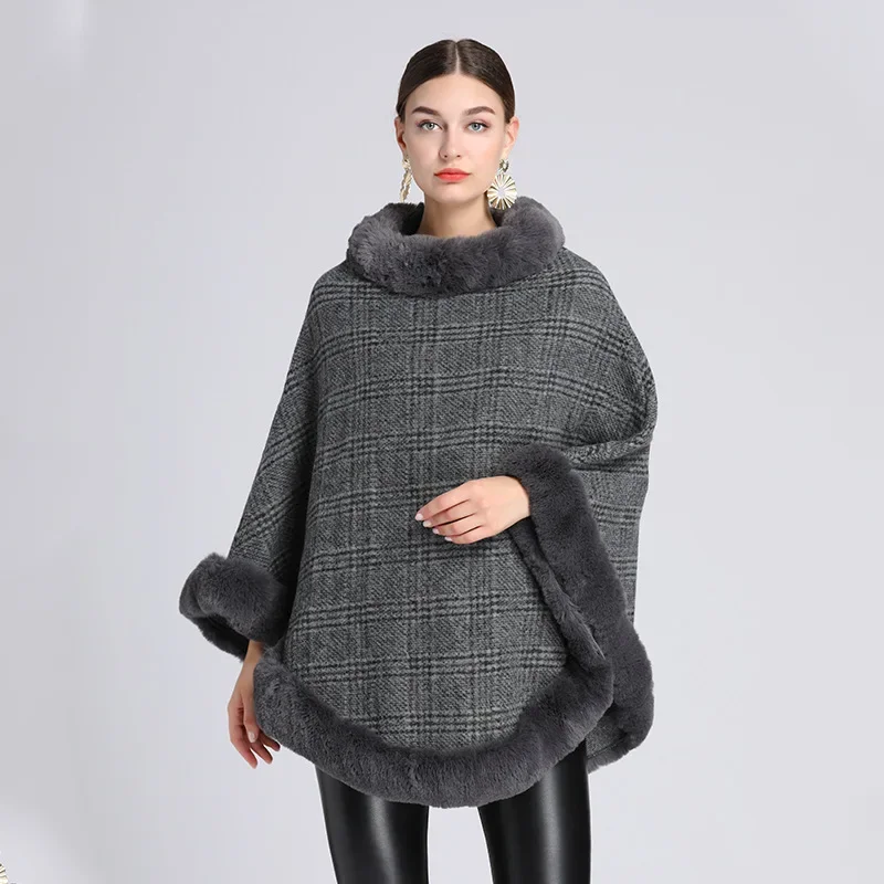 

Autumn Winter New Imitation Otter Rabbit Fur Collar Capes Pullover Women Knit Poncho Lady Capes Gray Cloak