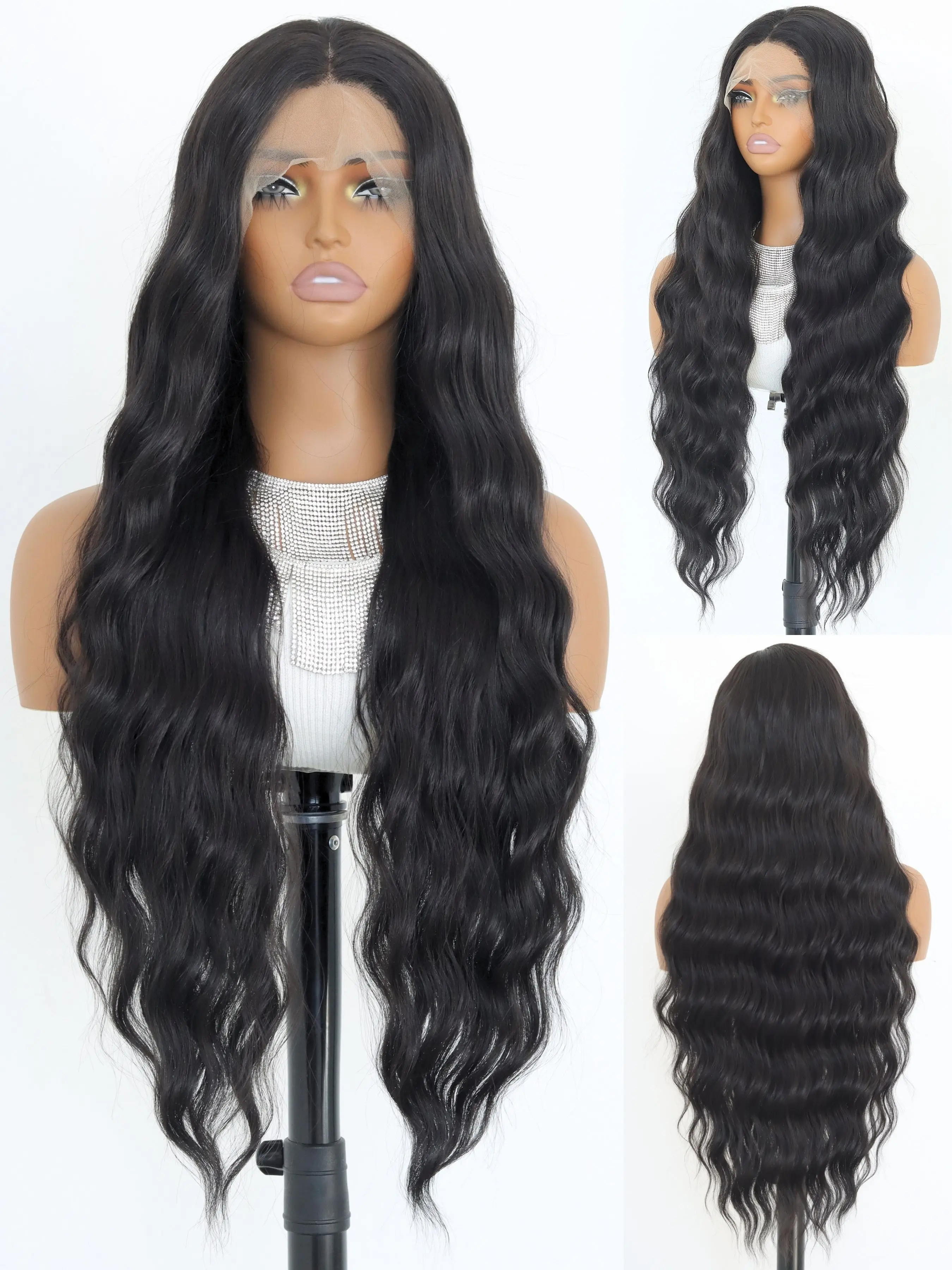 Long Wavy Black 13 * 4 Lace Front Synthetic Wigs For Women Long Wavy Natural Hairline Heat Resistant Fiber Lace Front Wig 32Inch