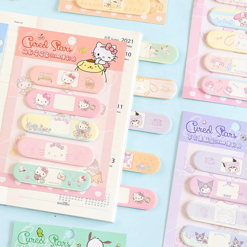100PCS Sanrio 헬로 키티 Cinnamoroll MELODY 밴드 에이드 모양의 포스트잇 노트 키즈 소녀 DIY 핸드 계정 마커 문구 스티커