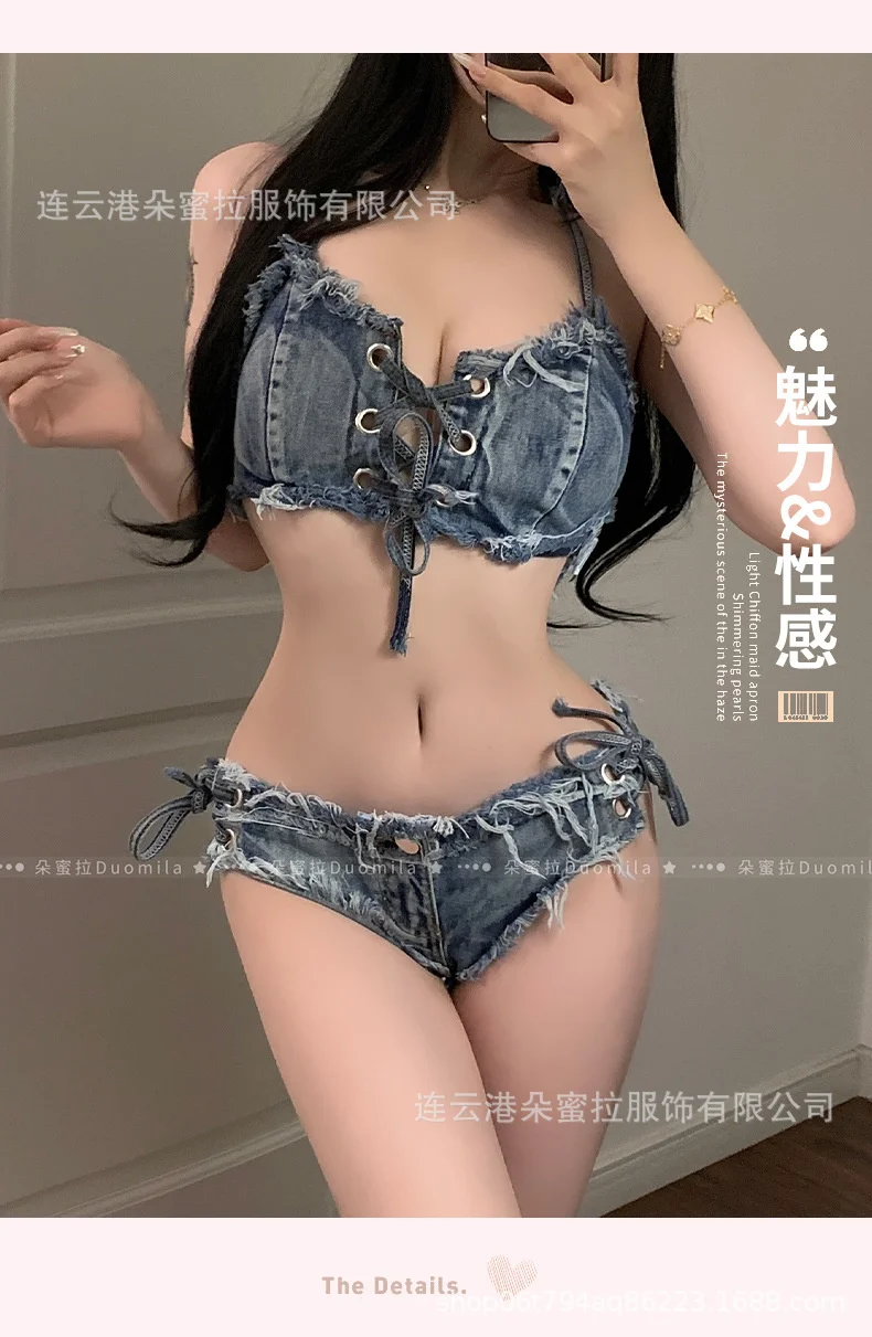 여성 매달린 목 등 없는 가슴 레이스 업 상의 데님 비키니 반바지, 섹시한 섹시한 소녀 유혹 세트, FJ7V, 2023 여름
