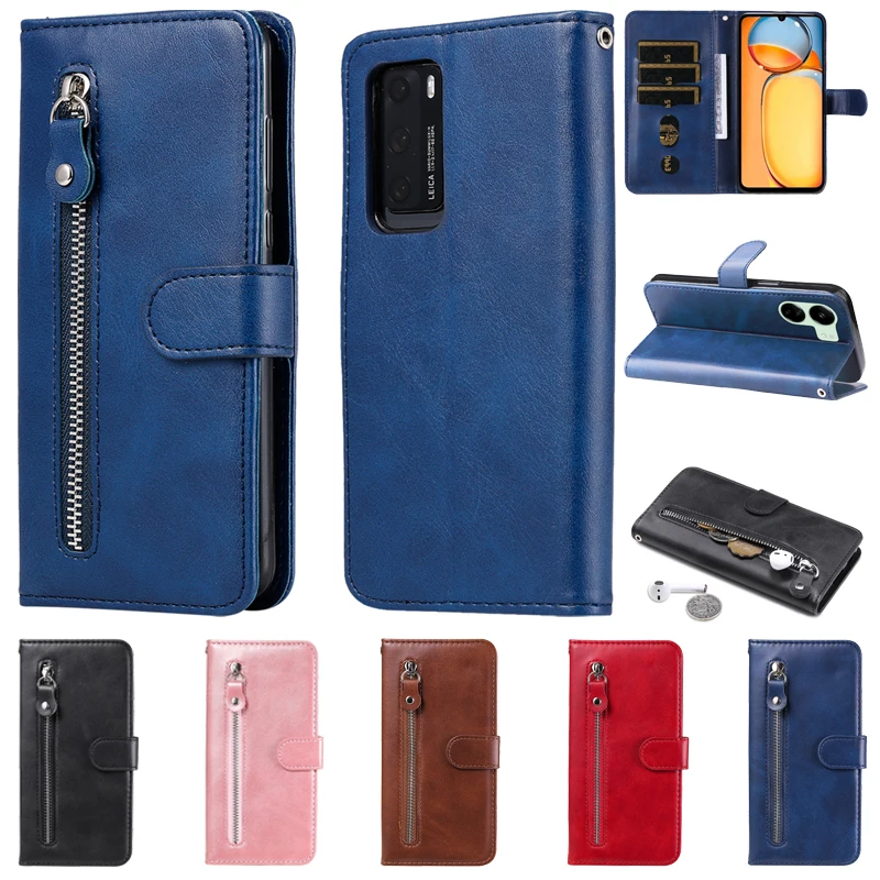 Luxury PU Leather Wallet Case with Zipper Card Slots and Stand Functionality