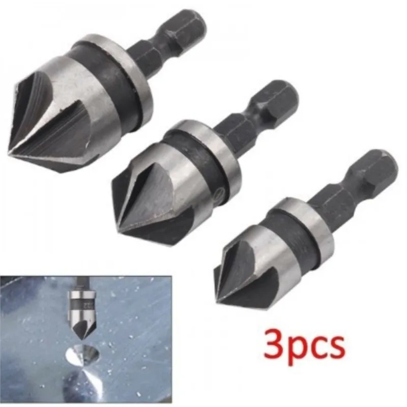 

1/3pcs 90 Degrees Chamfer Drill Bit Set 5 Flute 12/16/19mm Wood working Cutter Hex Countersink Boring Change Drilling Bit Tools