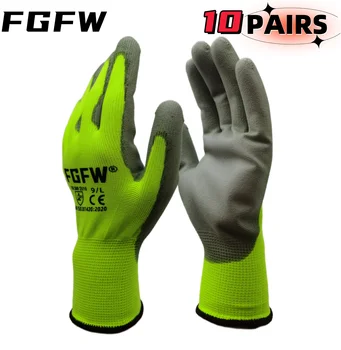 10 Pairs PU Coated Work Gloves - Lightweight, Durable Safety Gloves EN 388/ISO20471 Certified, Sizes S/M/L/XL 5