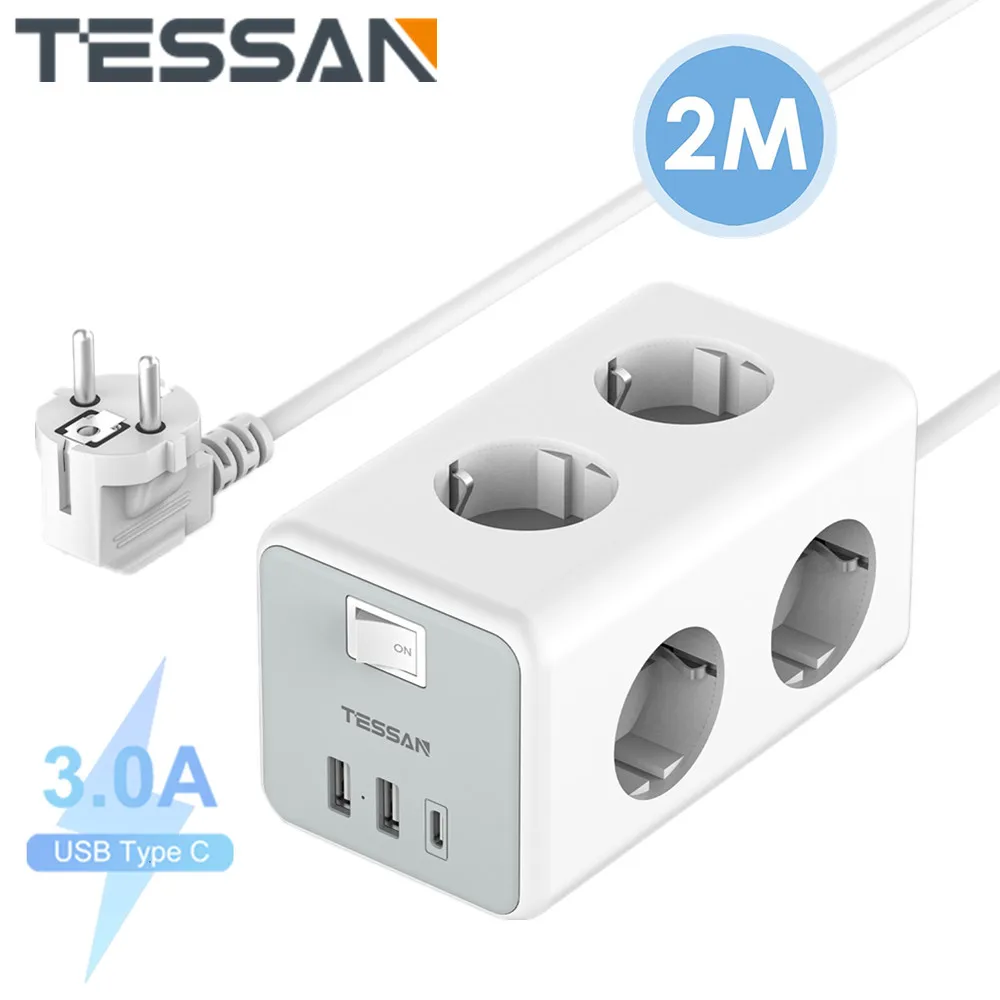 

TESSAN USB C Power Strip Cube with AC Outlets +USB +Type C 2M Extension Cable EU Plug Multi Socket Adapter with Switch for Home