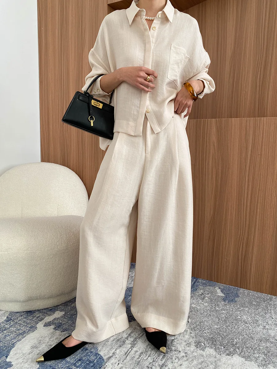 Spring and Autumn Women's Casual Solid Color Collar Long Sleeve Pocket Decoration Loose Shirt+High Waist Wide Leg Pants Set 3