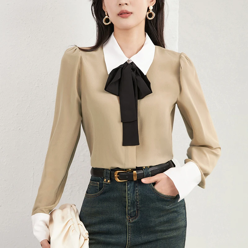 

Elegant 100% Real Silk Shirts For Women Long Sleeve Fashion Blouses Woman Button Up Blouse Patchwork Tops Office Lady Shirt