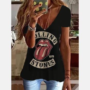 Summer Casual V-neck T-shirt Women's Lip print print Shirt Top Loose Vintage Women's Street Wear Short Sleeve Clothes S-3XL