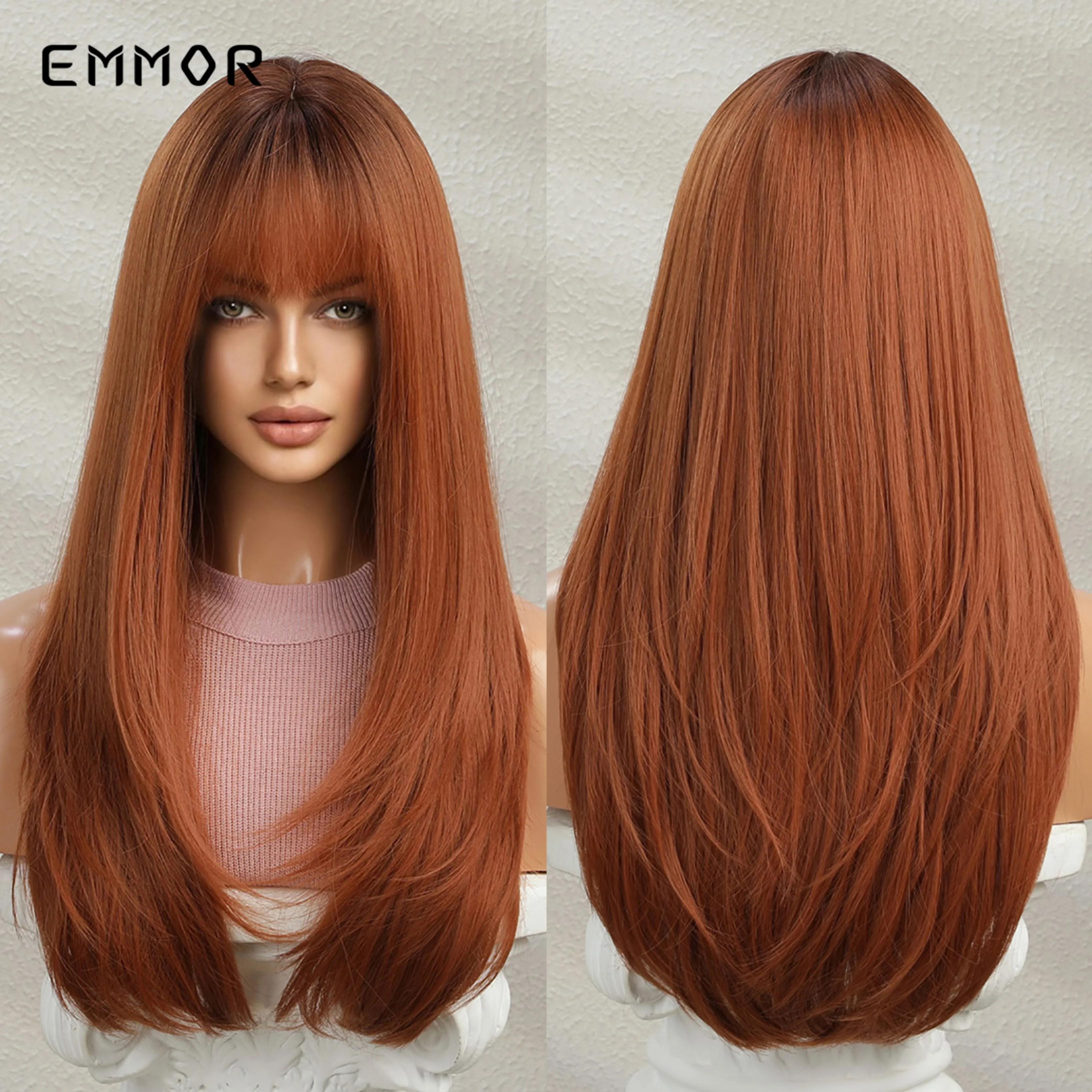 Emmor Synthetic Wig Orange Straight Hair Wigs with Bangs High Temperature Halloween Cosplay Daily Use Wig for Women