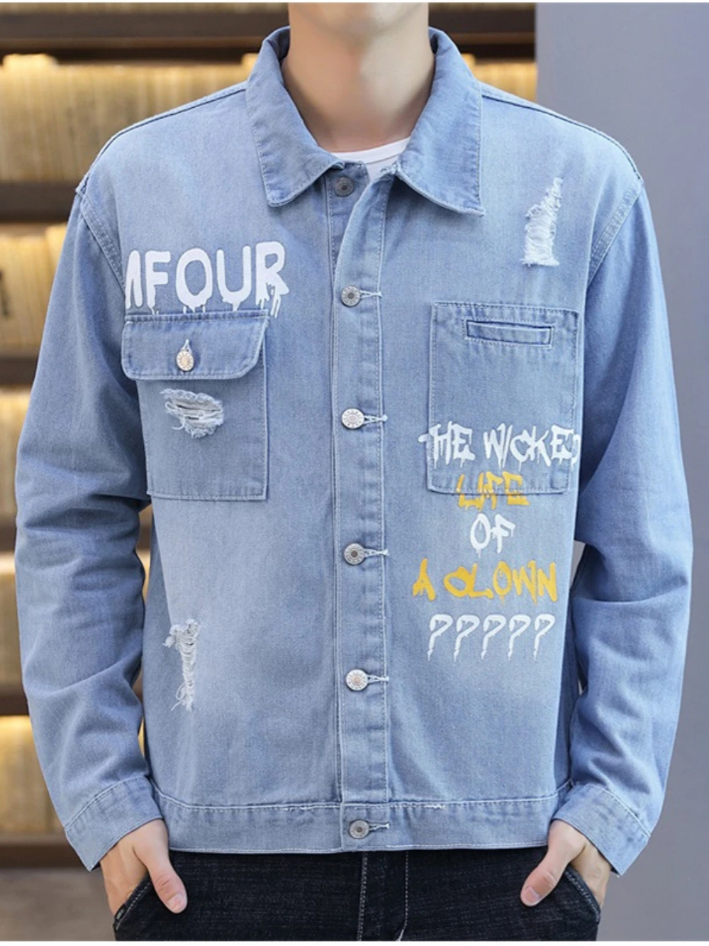 

Мужская джинсовая куртка с принтом, Повседневная тонкая износостойкая джинсовая куртка свободного покроя с воротником-стойкой, осень 2023