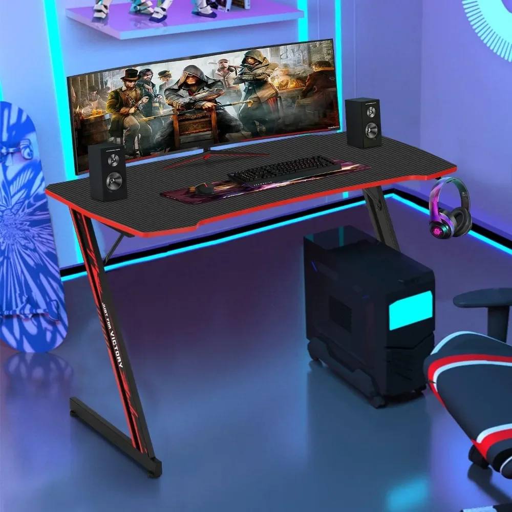 39" Gmaing Desk Computer Gaming Desk Z Shaped Gaming Workstation Ergonomic Gaming Table with Headphone Hook for Game