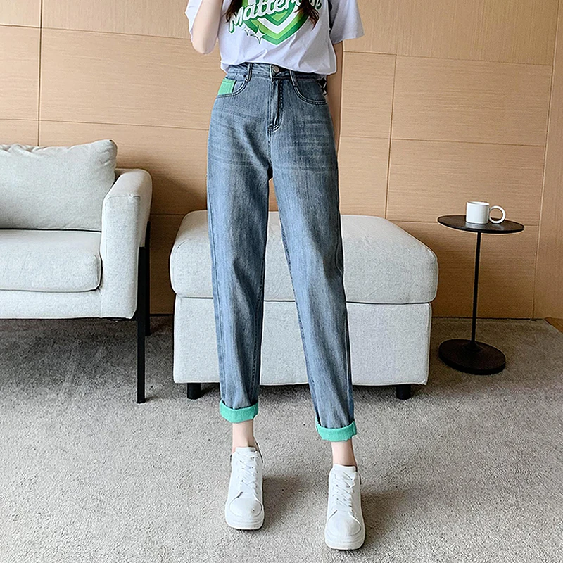 

New Fashion Color Contrast Slouchy Baggy Jeans Women High Waisted Trousers Woman Boyfriends Girls Blue Loose Haren Denim Pants